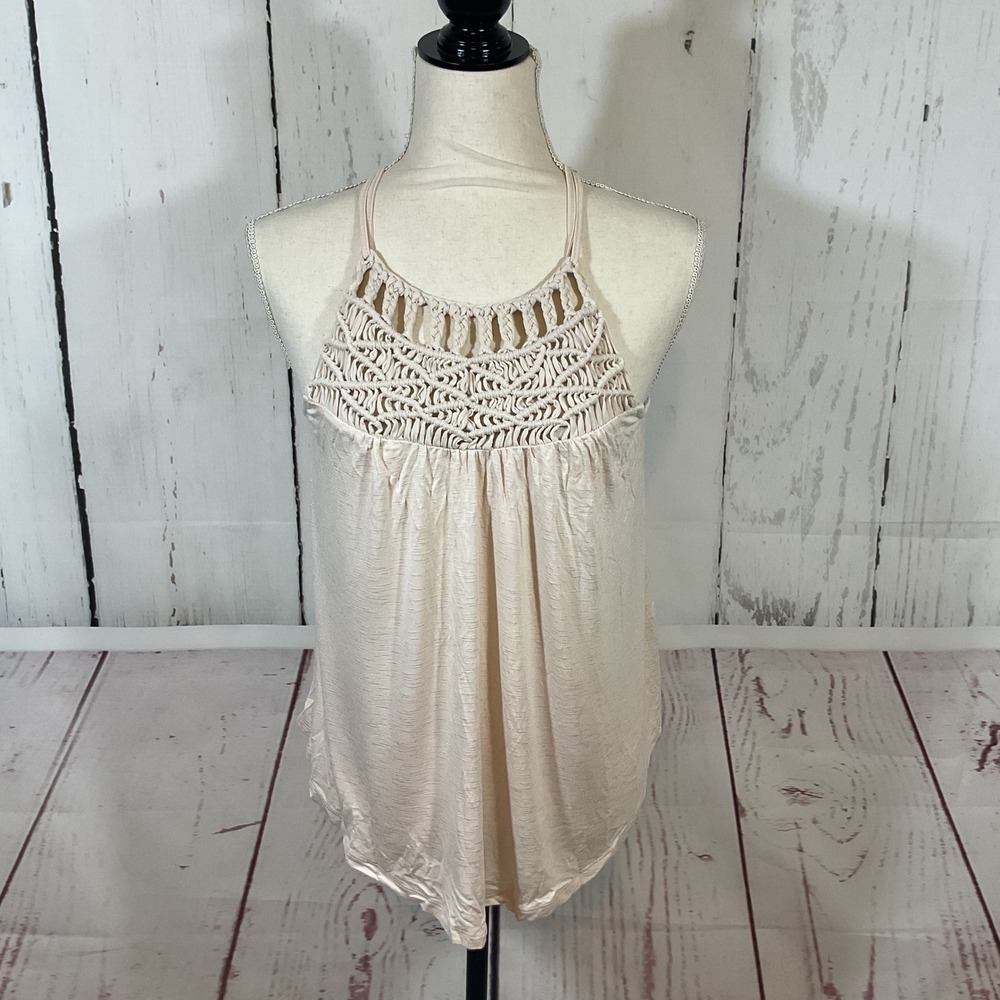 Eyeshadow Halter Tank Top M Beige Macrame Open Knit Festival Coachella Boho